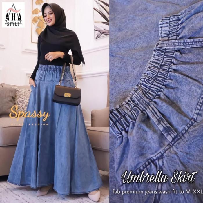 Rok Panjang Jeans Motif Fashion Muslim Payung Umbrella Jumbo Kekinian - Polos Snowue