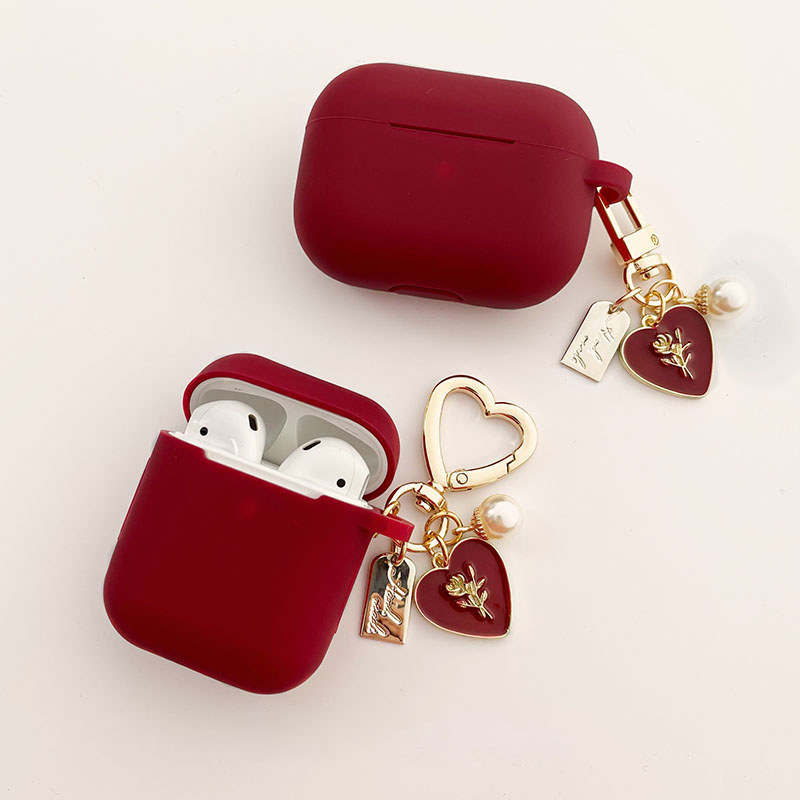 Vintage Roses Pearl Keyain Wine Red Silicone Earphone Case For Apple Airpods 3 4 Pro 2 Bluetooth Hea