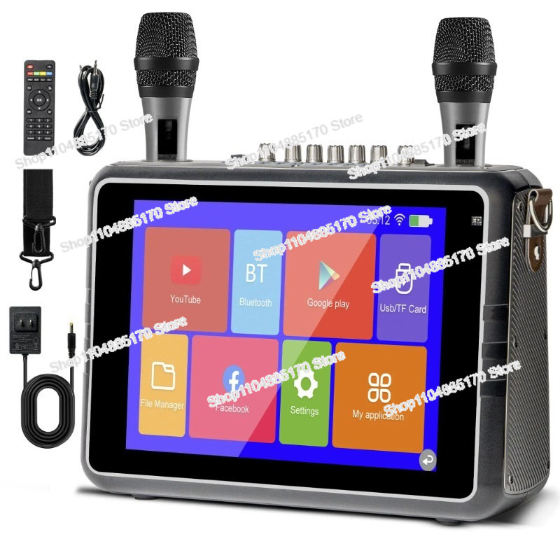 Home DJ-1405 KTV Karaoke Video Speaker with Tou Screen Lyrics Display,2 Wireless Microphones for Sin