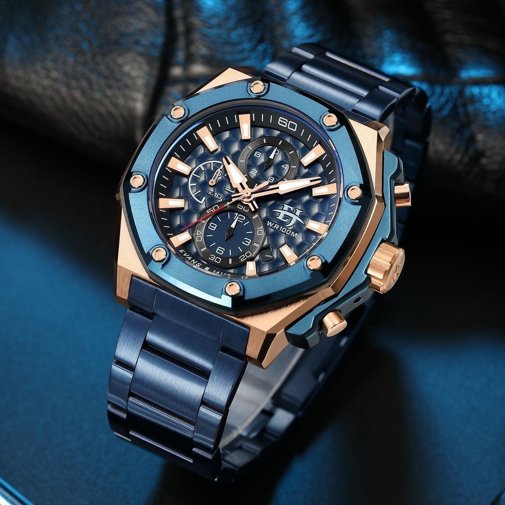 Ori Evans Jayden Jam Tangan Pria 9586 Rantai Stainless Chrono Kaca Safir Tahan air 10ATM