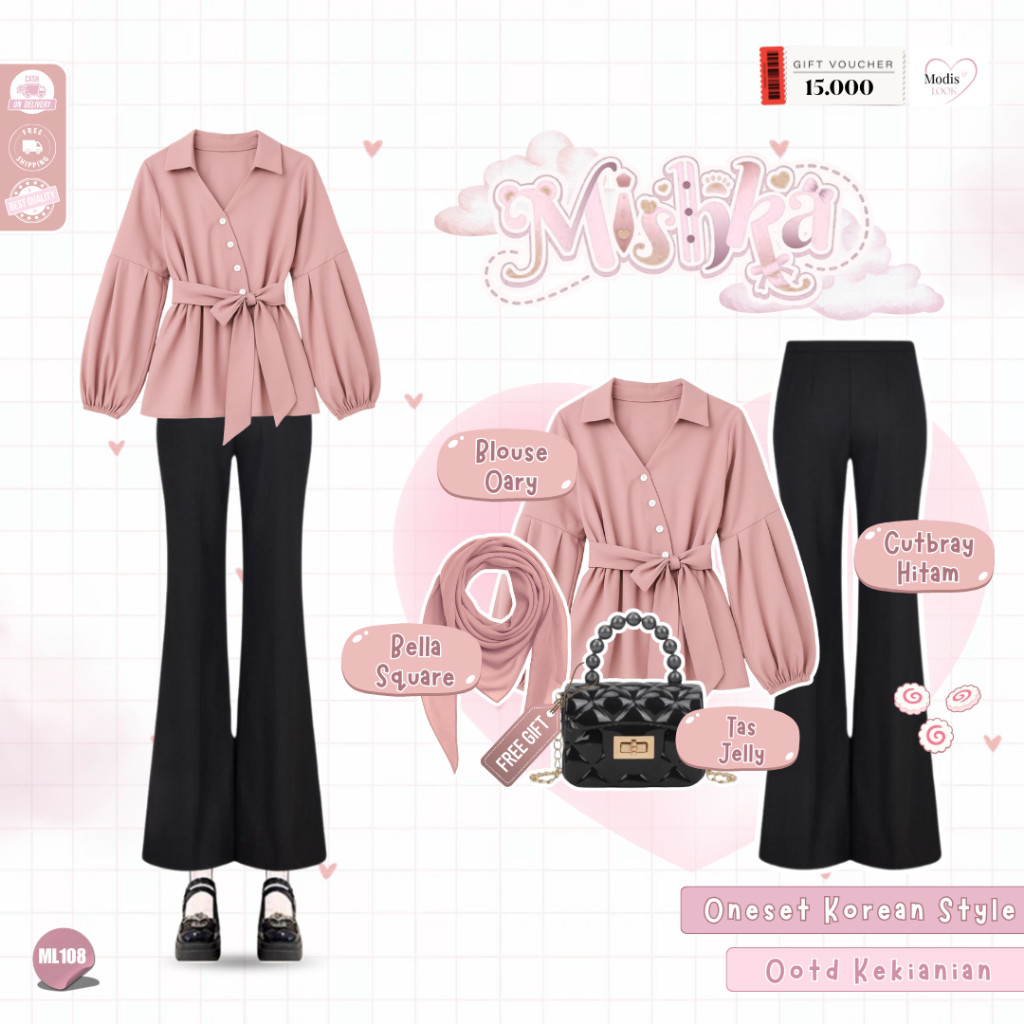 YONA.ID Oneset Korean Style Remaja ( Tas Jelly Hitam + Hijab Bella Square + Blouse Oary Sage + Celan