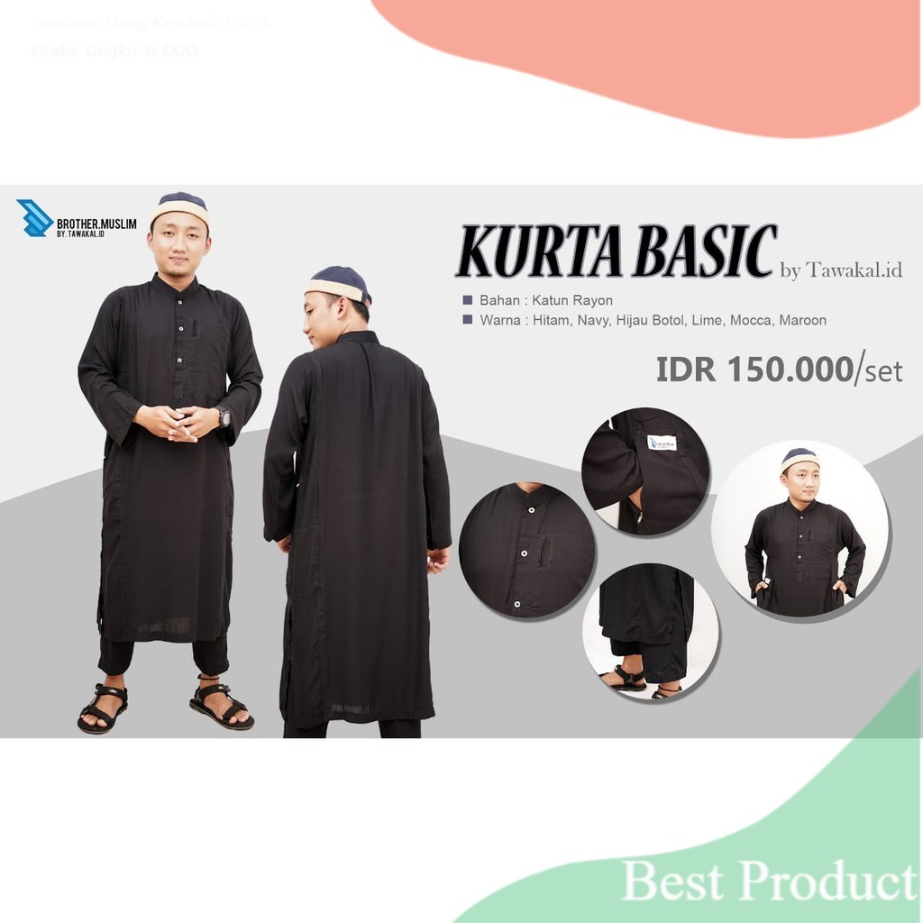 Setelan Baju dan Celana Koko Kurta Pakistan Muslim Pria Dewasa Lengan Panjang- pakaian pria lainnya