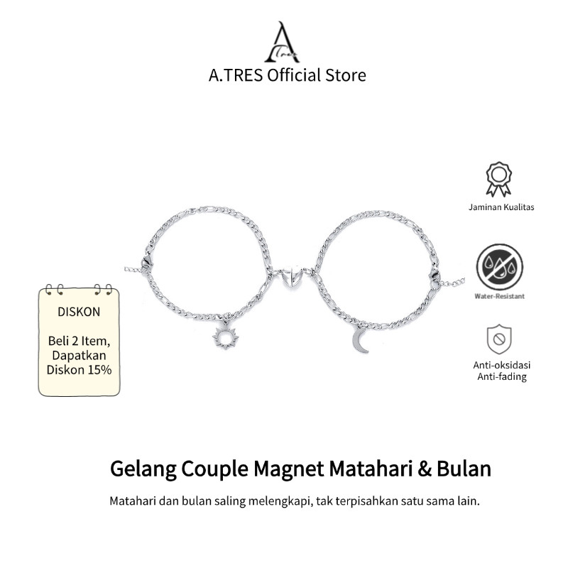 Gelang Baja Titanium Dengan Liontin Magnetik Matahari, Bulan & Hati Gelang Couple Gelang Kapel Sama 