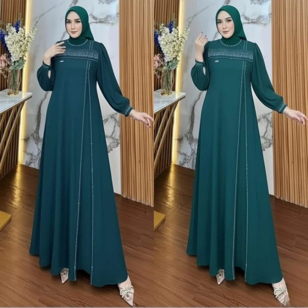 Gamis Wanita Abaya Turkey Terbaru 2026 Emerald Blue Aylin Dress Aplikasi Payet Swaroski Premium/Terb