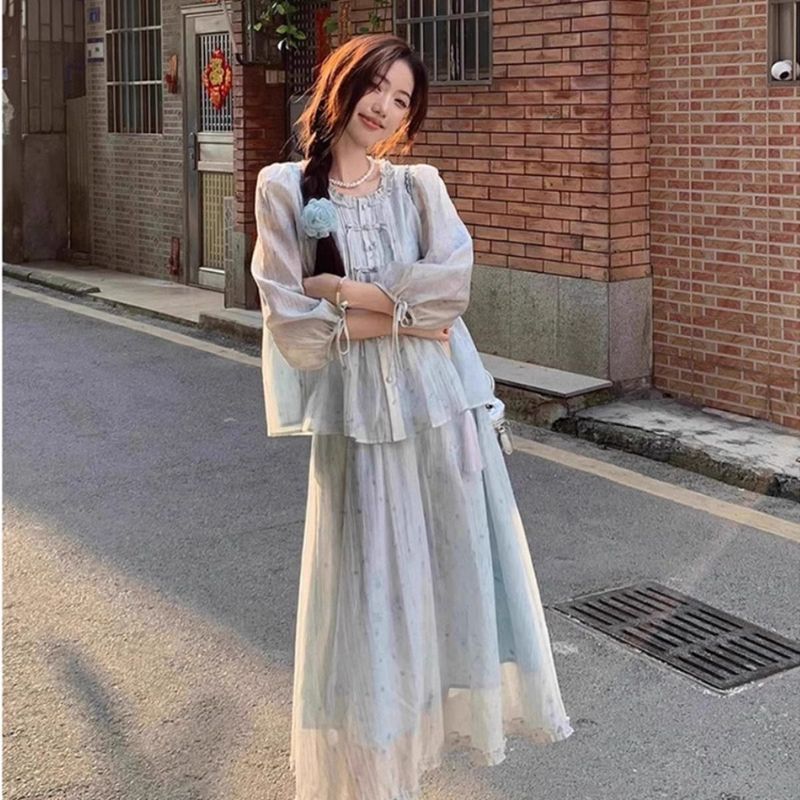 [COD] Set Mint Mambo Wanita Setelan Dua Potong Kemeja Kancing Motif Tie-Dye dan Rok A-line