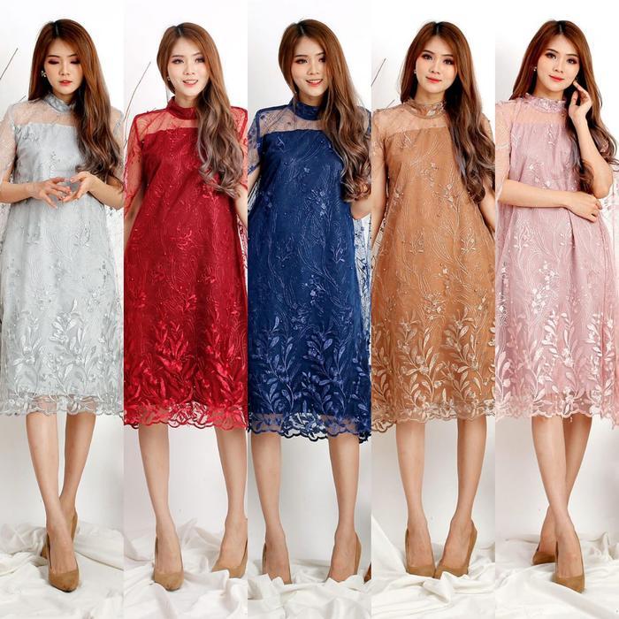 Dress Gretha Brukat Tile Bordir Gliter Tulle Brokat Dres Pesta IMLEK Tille Murah - HIJAU SAGE GREEN,