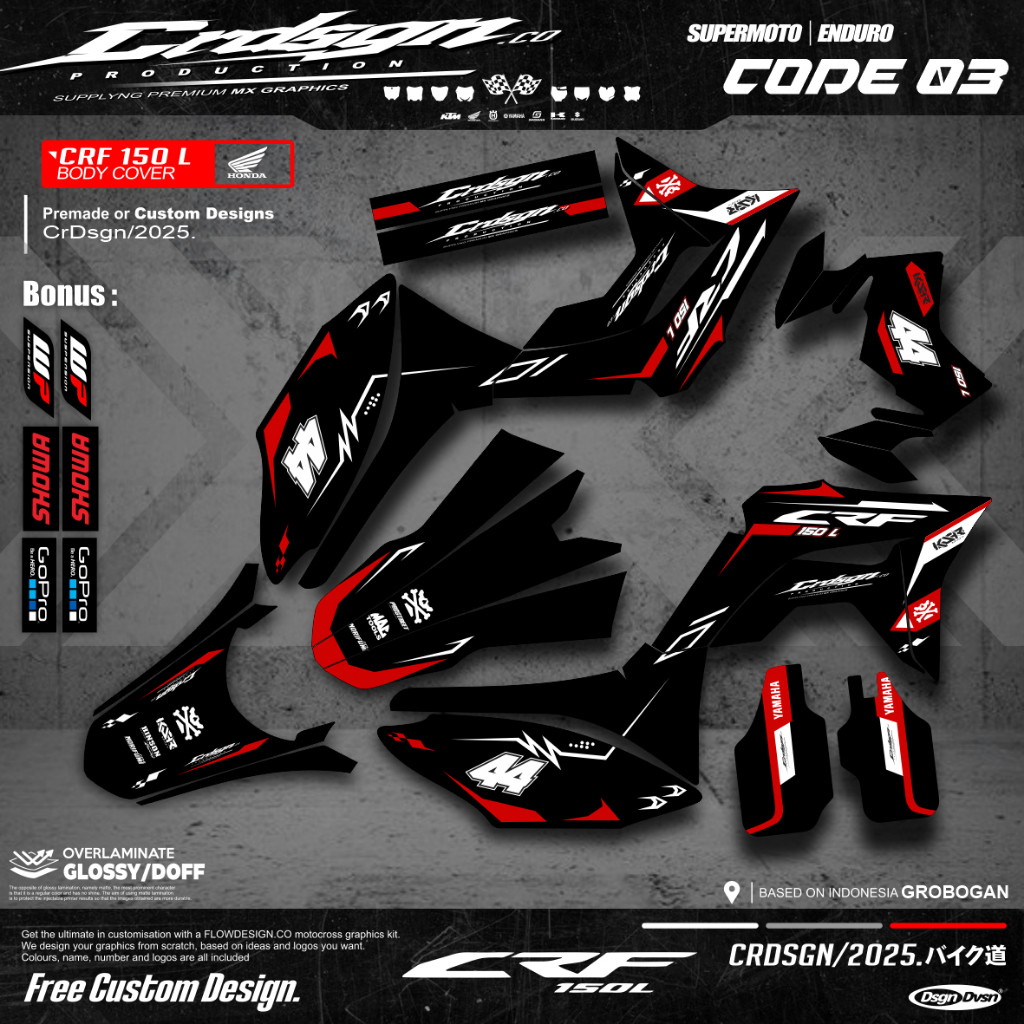 DECAL FULLBODY CRF 150 L MOTIF KOMBINASI WARNA MERAH DAN HITAM  CROME HOLOGRAM SUPERGLOSSY