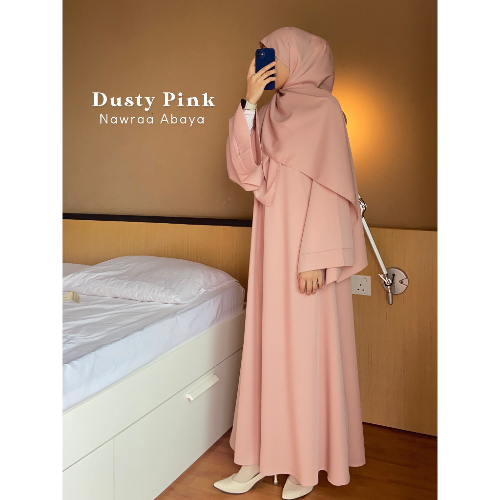 Gamis Syar’i Polos Wanita Simple  Abaya Muslimah Elegan Dusty Pink  Abaya Lebaran  Nawraa Abaya - Ze