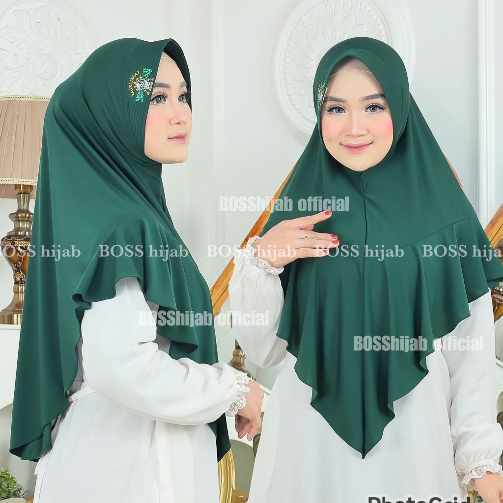 Hijab Bergo Instan Muslimat NU Ruffle Hijau Botol | Kerudung Muslimat