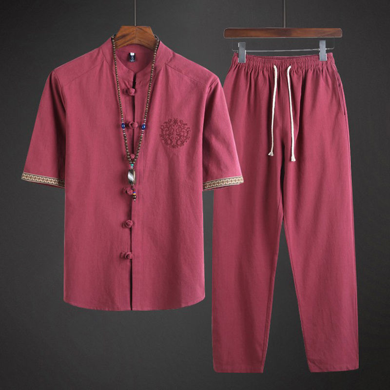 Jaket pria ringan bergaya Tang dari bahan linen, setelan panjang katun-linen.