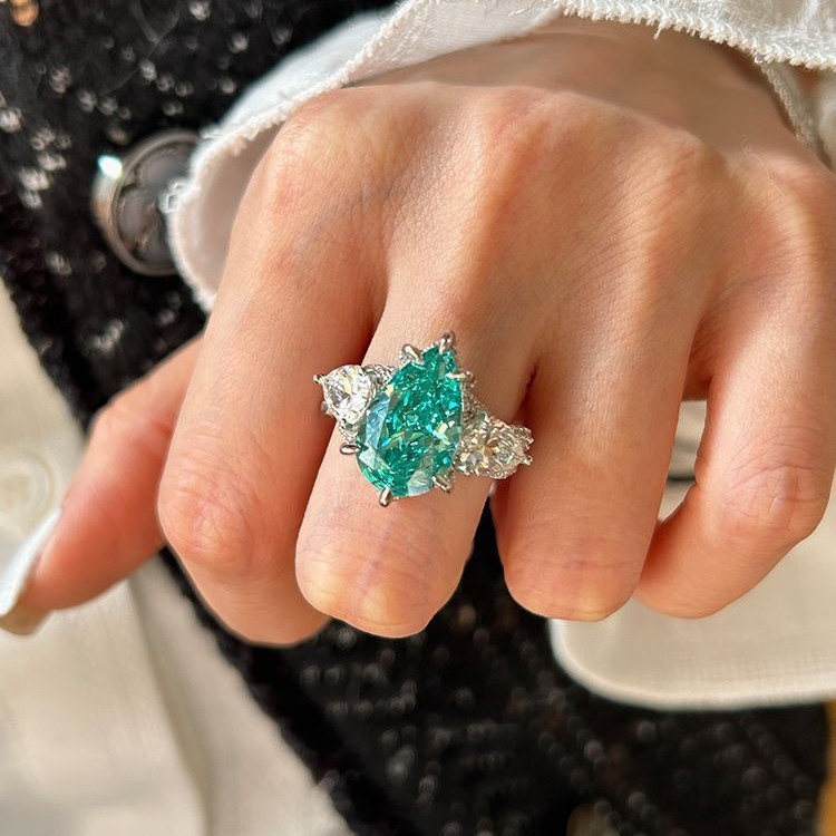 Cincin berlian Paraiba model tetesan air mata yang mewah dan elegan ala Eropa dan Amerika terbuat da
