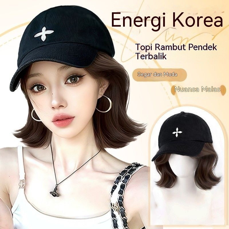 Wig dan topi satu-in - one, rambut imitasi wanita, Korea malas, rambut pendek alami, wig.