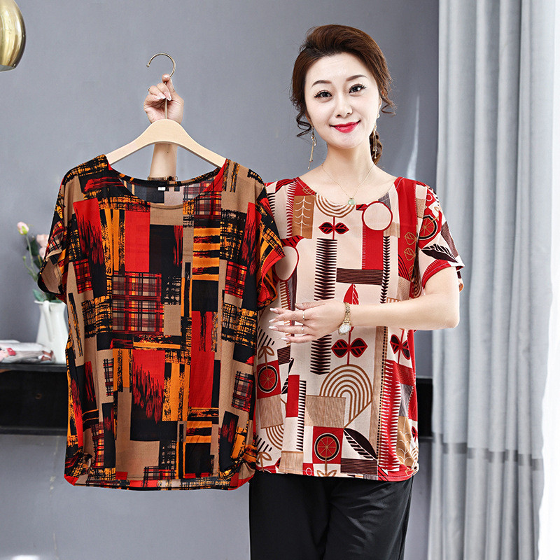 Baju Wanita Paruh Baya Lansia Lengan Pendek Longgar Lengan Kelawar Plus Size Musim Panas