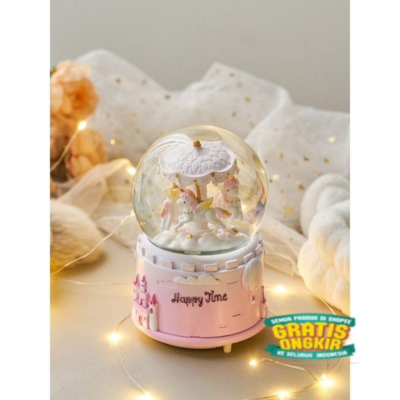 Snowball Unicorn Kotak Musik Glitter Lampu Bola Salju Kristal Kaca Kado Ultah Snow Globe Hadiah Birt