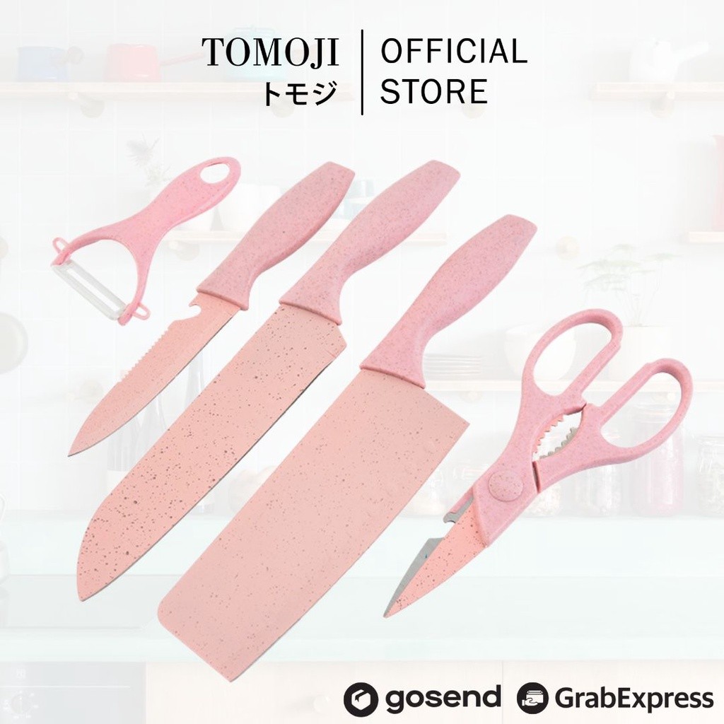 (OXGRE) Tomoji Pisau Dapur Set - 5 pcs Kitchen Knife Set - Pink Blue Knife