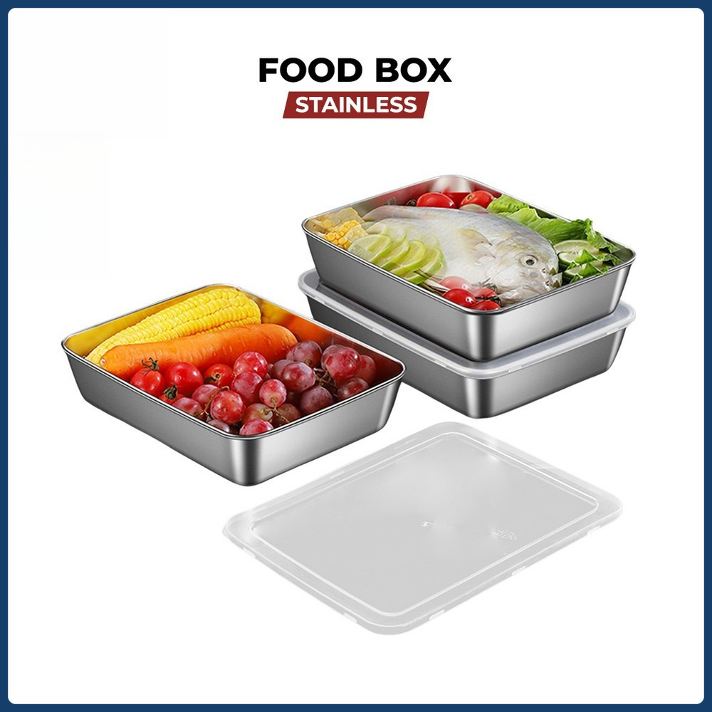 Food Box Stainless Steel Multifungsi Tempat Makanan Sayuran dengan Tutup Plastik / CONTAINER MAKANAN