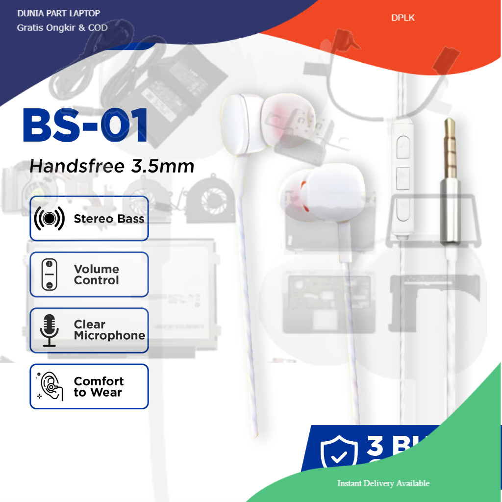 Wellcomm Handsfree Head set Earphone Extra Bass BS-01 3.5mm Jack Stereo with Volume Control Part