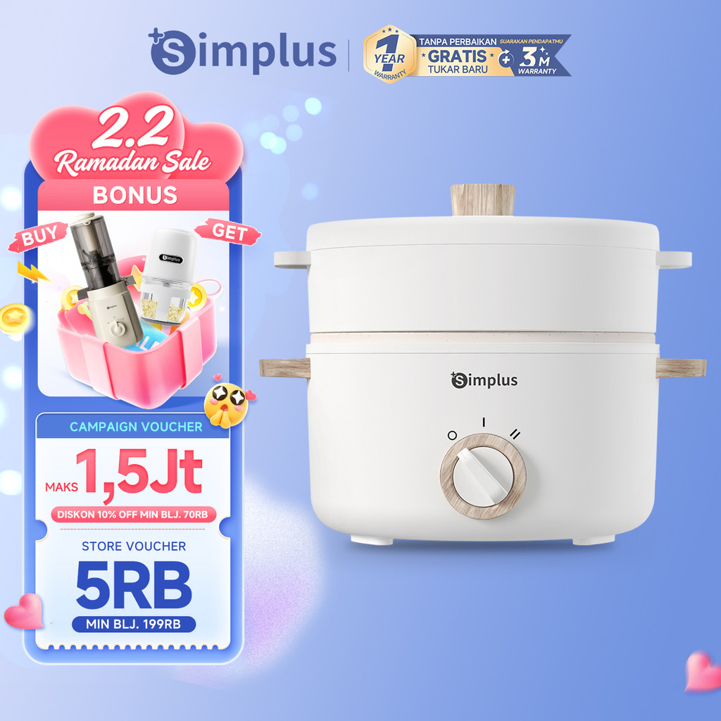 Simplus Panci Listrik Kapasitas 1,5L Panci Serbaguna Anti Lengket Dengan Kukusan 2 Mode Panas