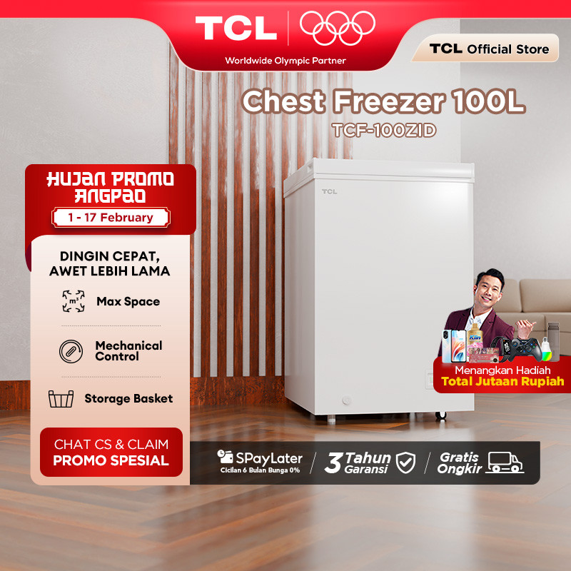 TCL Chest Freezer Kapasitas 100 Liter Super Freezing - Storage Basket Besar - Pembuangan Limbah Air 