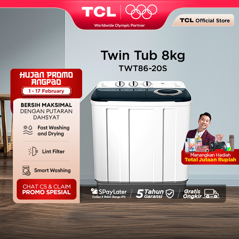 TCL Mesin Cuci 2 Tabung - Twintub 8KG - Lint Filter - Anti Karat - Anti Tikus (Model: TWT86-20S)