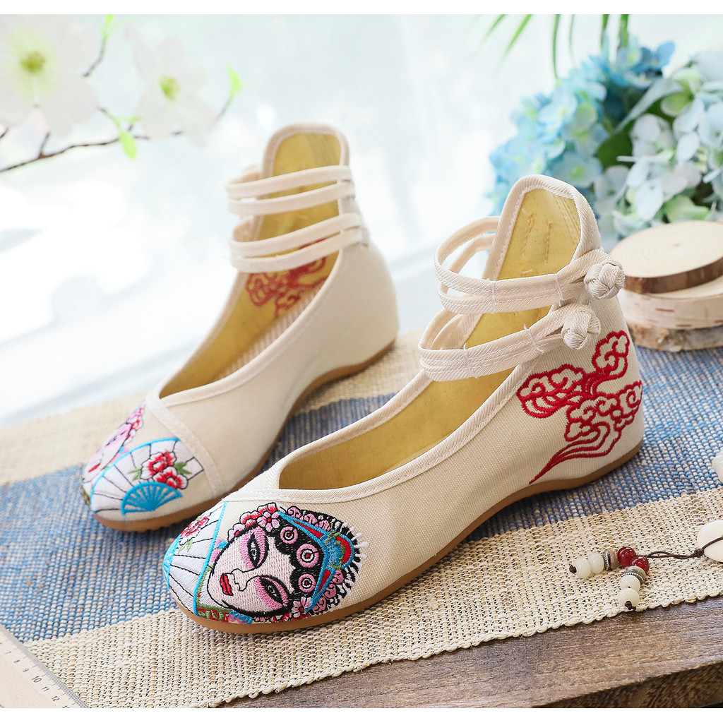 Sepatu Wanita Unik Bergaya Oriental - Motif Wajah Opera Beijing, Bahan Canvas Tahan Lama, Cocok untu