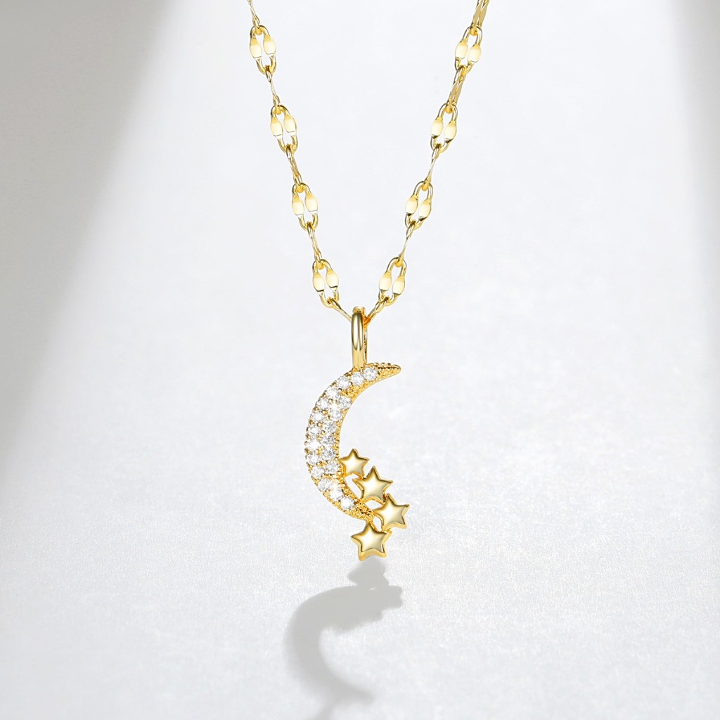 Lanme Jewelry Kalung Original Titanium Lapis 14K Emas Wanita Anti Karat Liontin Berlian Bulan Elegan