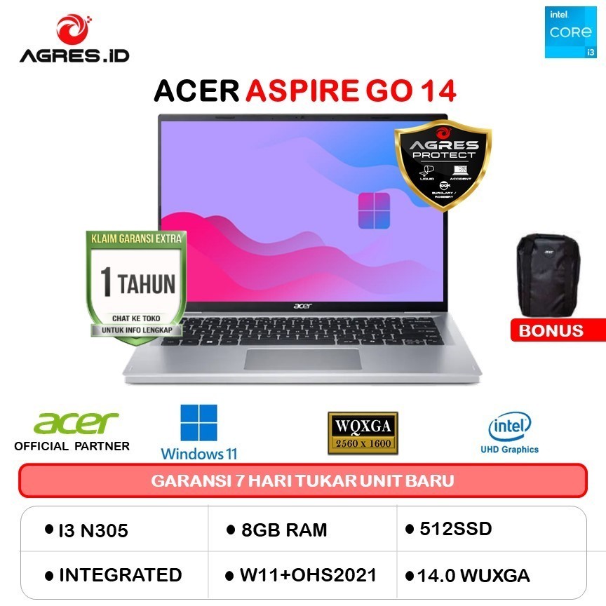 ACER ASPIRE GO 14 AG14 I3 N305 8GB 512GB W11+OHS 14.0WUXGA SLV -31P.34GM
