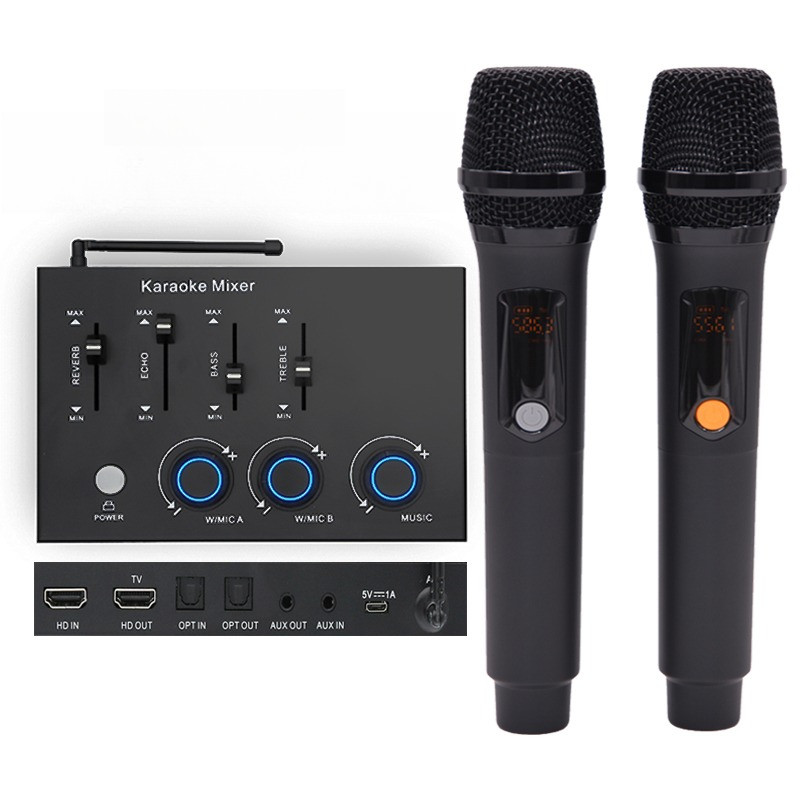 UHF dual channels rechargeable wireless microphone karaoke mixer with echo reverb vocal cut bass tre