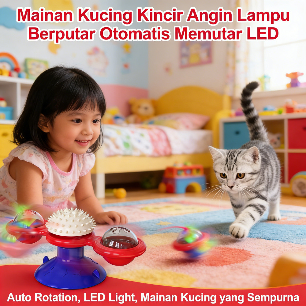 Kucing Kincir Memutar Berputar Angin Otomatis Lampu LED Mainan