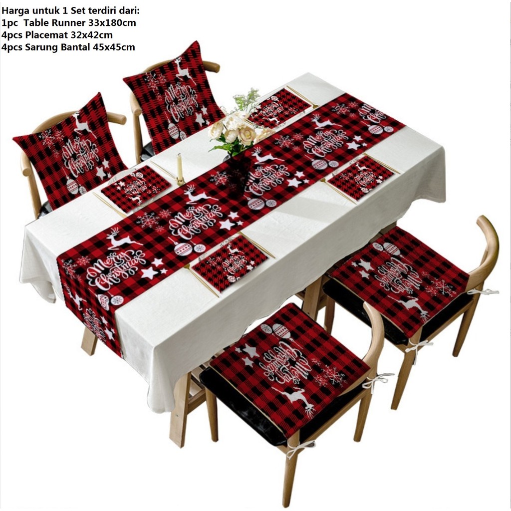 PANORAMA Set 9pcs Dekorasi Natal Table Runner Placemat Sarung Bantal untuk Meja Kursi Makan