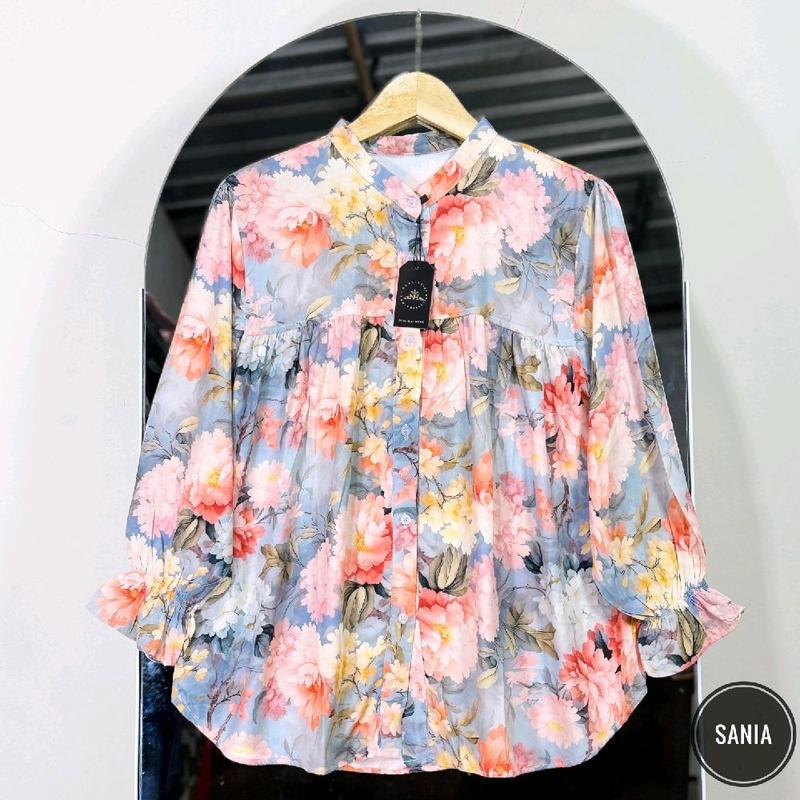 SANIA Alisa Blues Kemeja Wanita Rayon Motif Bunga Elegan dan Nyaman untuk Tampilan Harian