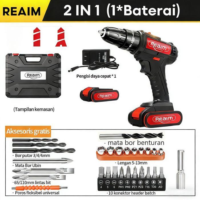 Tukang Paku Reaim Bor Listrik Bor Listrik Set Lengkap Impact Baterai Bor Impact Baterai Mesin Bor Li