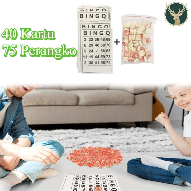 40 PCS Bingo Card Kartu Bingo Ukuran Besar Dengan 75 Buah Catur Kayu/ Catur Kayu Mainan Kartu Bingo 