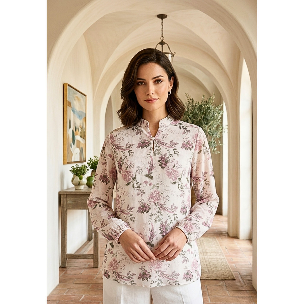 Blus Wanita Motif Bunga Vintage Minimalis Look Floral Blouse V Neck In Broken White By Brilliant Gir