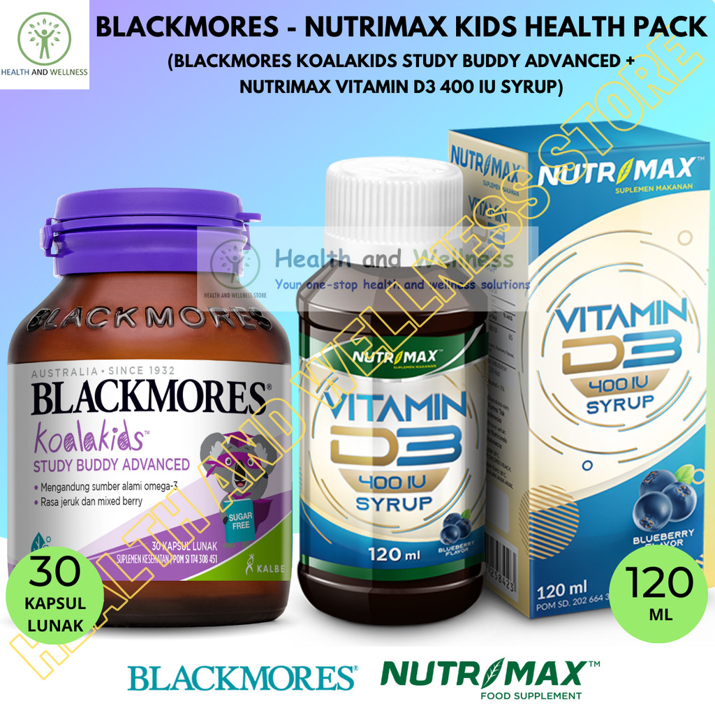 Blackmores Koalakids Study Buddy Advanced 30 Kapsul Lunak Nutrimax Vitamin D3 400 IU Syrup 120 mL