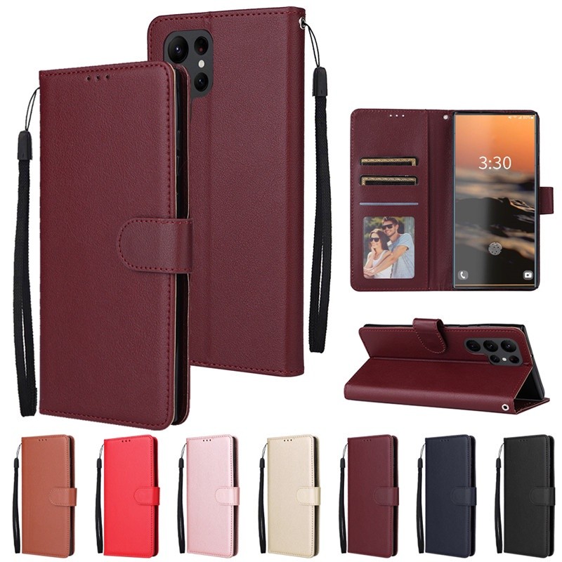 New Casing for Samsung S23 S22 S21 Plus Ultra S21 FE Fashion Red Flip Stad Leather Wallet Card Case 