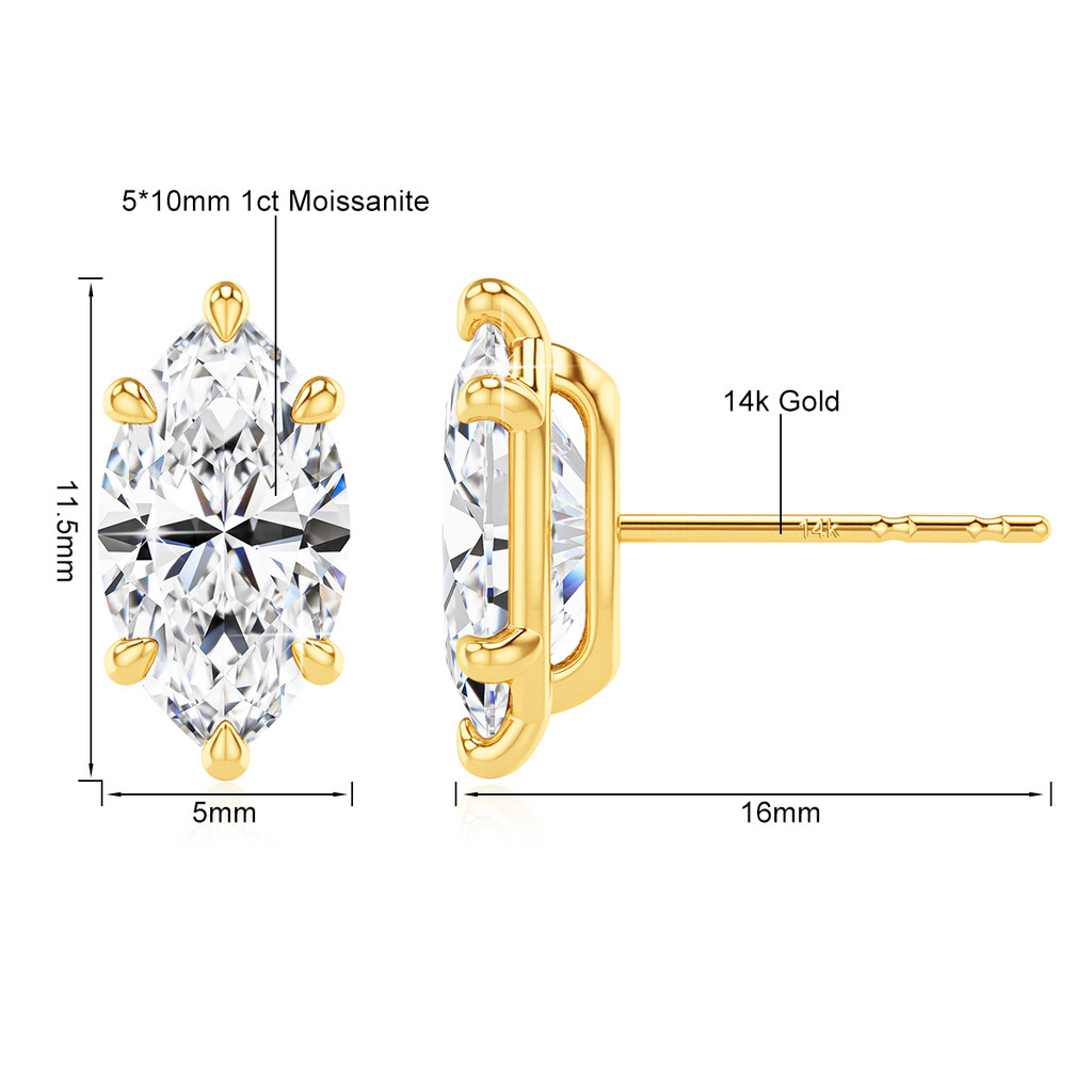 Trendy Solitaire 14K Gold Stud Earrings for Women Marquise Moissanite Diamond Au585 K Gold Wedding E