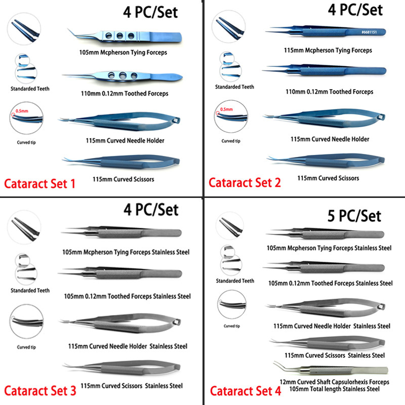 Set Katarak Phaco Set Pinset Bergigi Penjepit Penahan Jarum 4pcs/set Instrumen Bedah Mikro Oftalmolo