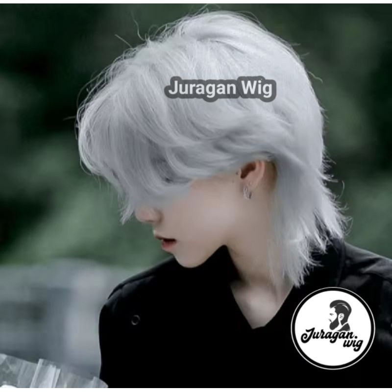 Wig Rambut Pria Mullet pendek Warna Abu abu