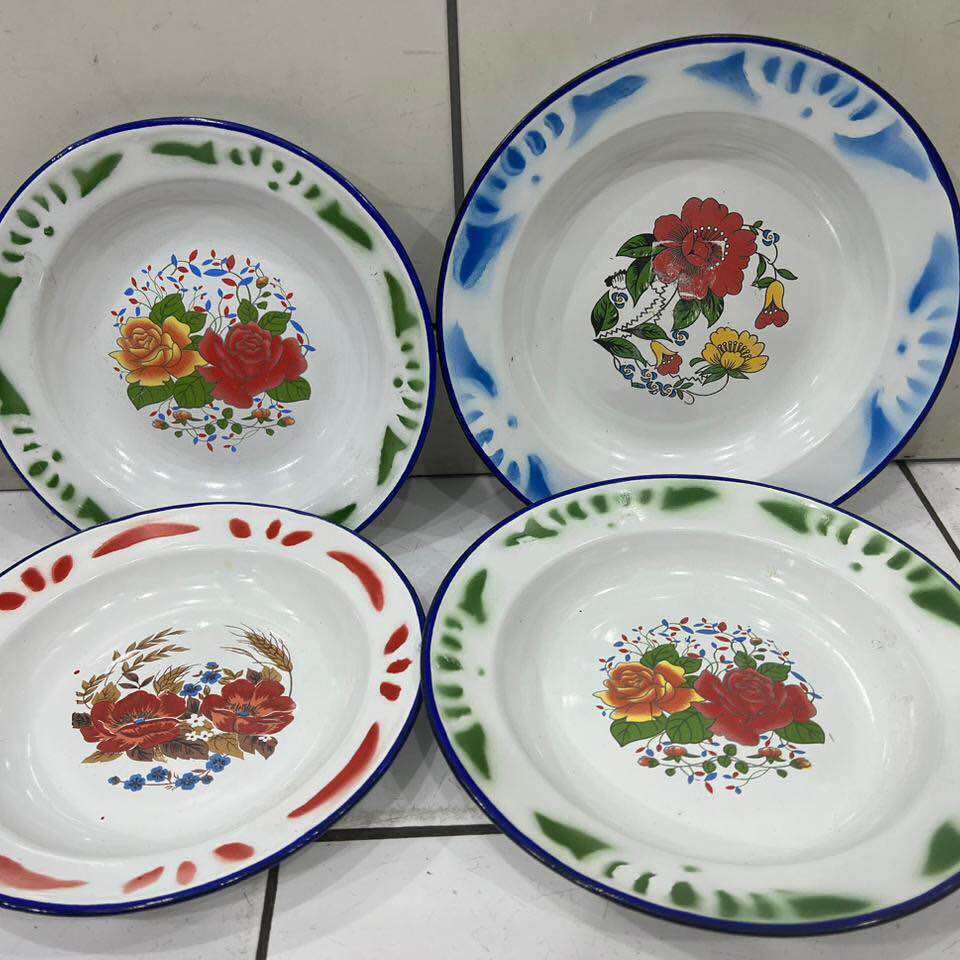 (GS) piring enamel bunga merah 22cm Piring Seng Besi Enamel Jadul Motif Bunga