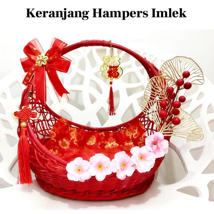 MUMPUNG PROMO Keranjang hampers imlek rotan premium / keranjang parcel imlek - MERAH+Aksesoris TERLA