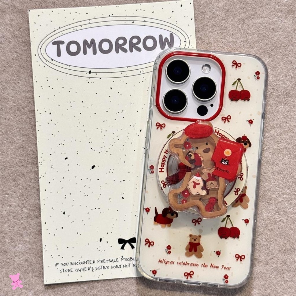 [CASECUDDLES] Red Bear Case with Popsocket - Griptok Magsafe Case untuk iPhone 13 - 16 Plus Pro Max