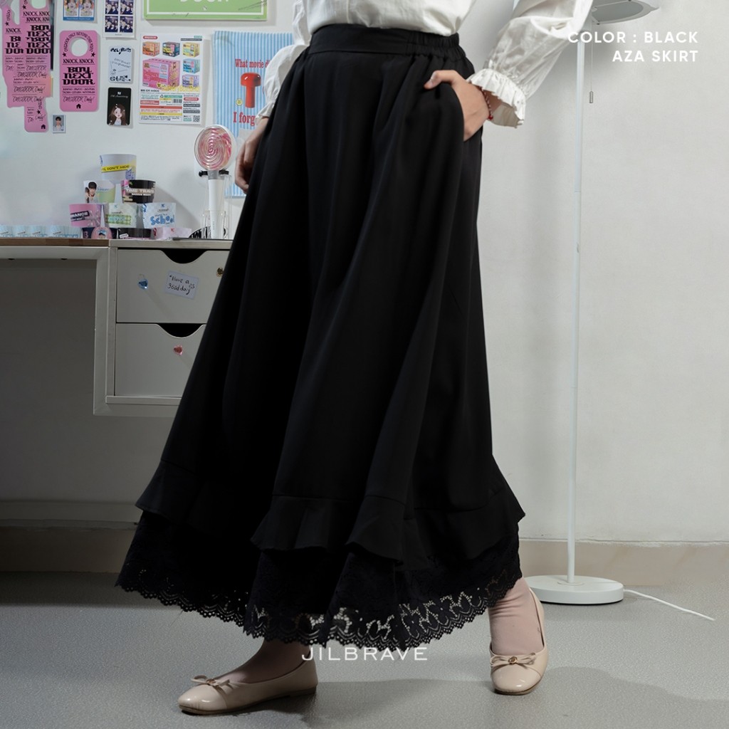 FZ JILBRAVE Aza Skirt Lace Rok Panjang Wanita Kekinian Flowy Feminine Korean Style FashionFZ