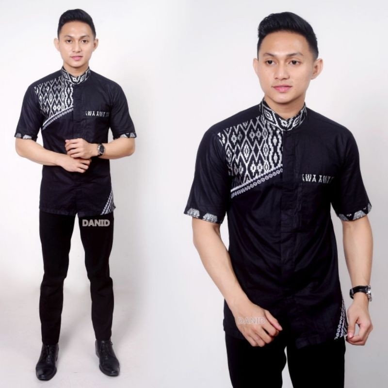 BAJU KOKO BORDIR ~ WARNA HITAM PENDEK MOTIF SLEMPANG SILVER