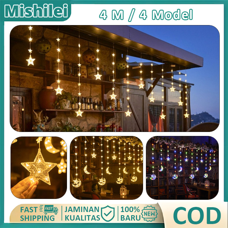 Mishilei 4M Lampu Tirai Bintang Bulan LED Lampu Hias Outdoor/Indoor Lampu Kelap Kelip Lampu Hias Tam