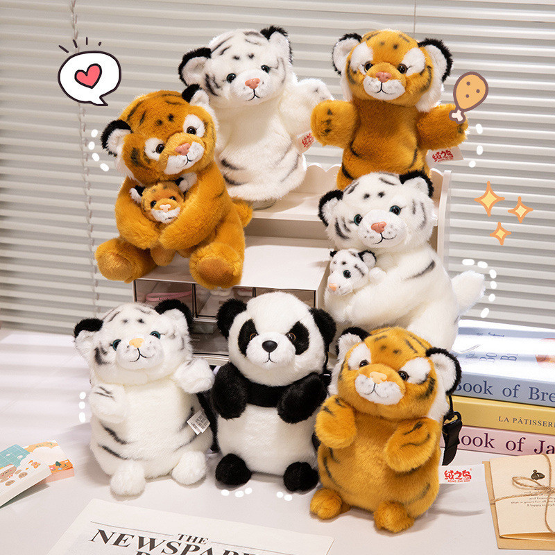 Simulasi Ibu dan Anak Mainan Plush Harimau Kecil Boneka Harimau Putih dengan Tas Bahu Boneka Tangan