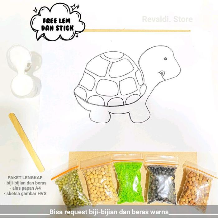 ( KURA-KURA ) Paket lengkap kolase biji-bijian Bergambar A4 ( free lem ) tinggal tempel sendiri