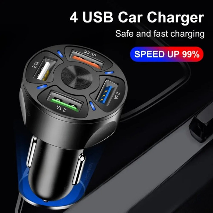 Car Charger Mobil Fast Charging QC 3.0 35W 4 Port USB Isi Banyak Perangkat Smartphone Tablet Gadget 