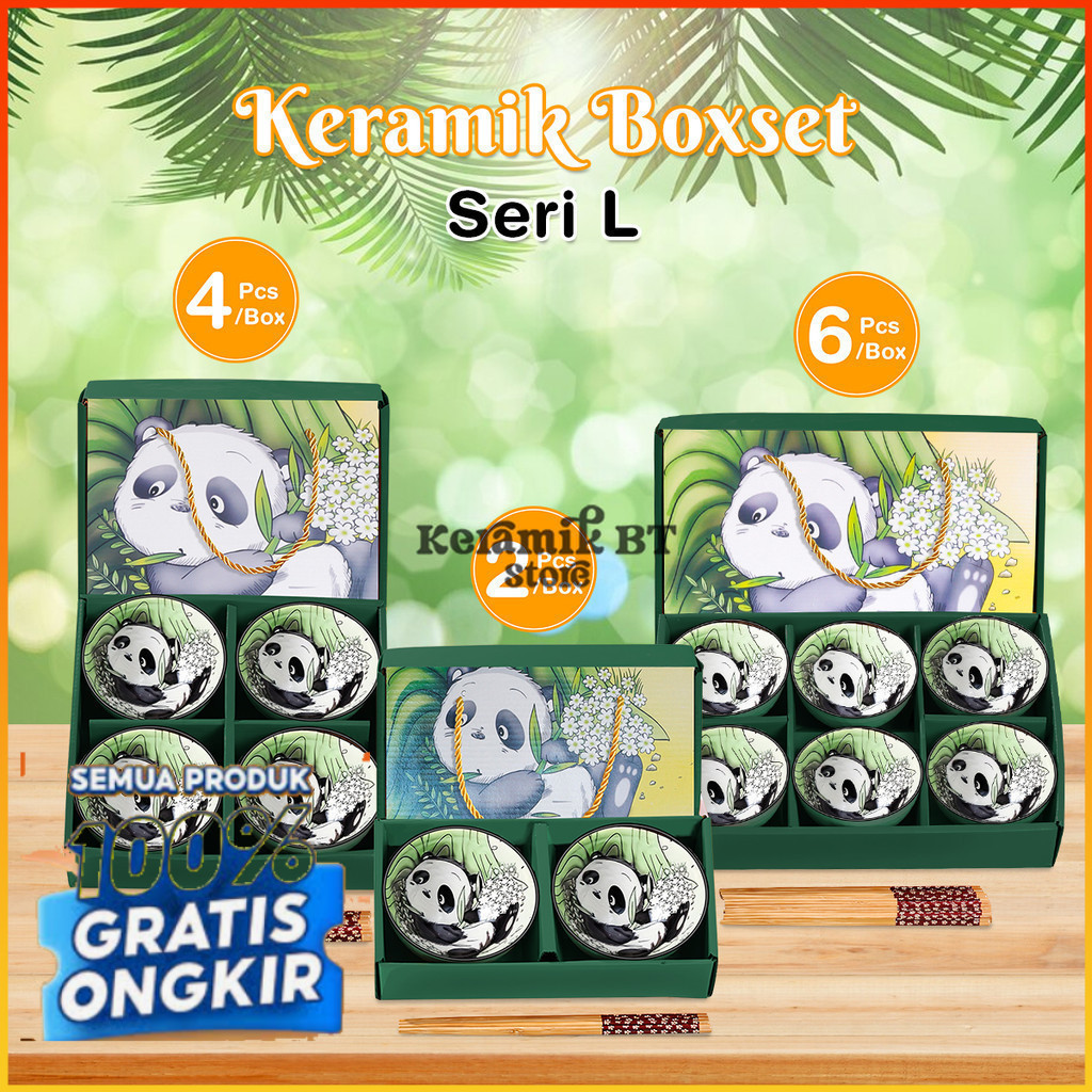 Hampers Parcel Gift Set Keramik Mangkok Boxset Seri-L keramik Souvenir Mangkok set Pola Panda Style/