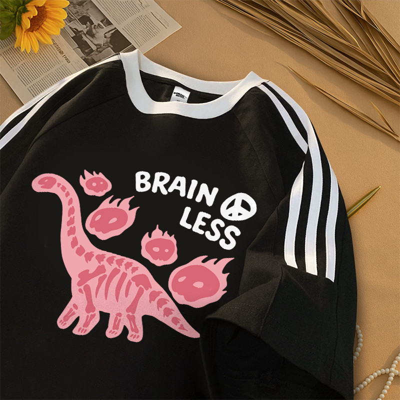 Hub Tshirt Kaos Lengan Pendek Garis Tiga Oversize Unisex | Motif Dino Pink Brain Less | Bahan 100% C